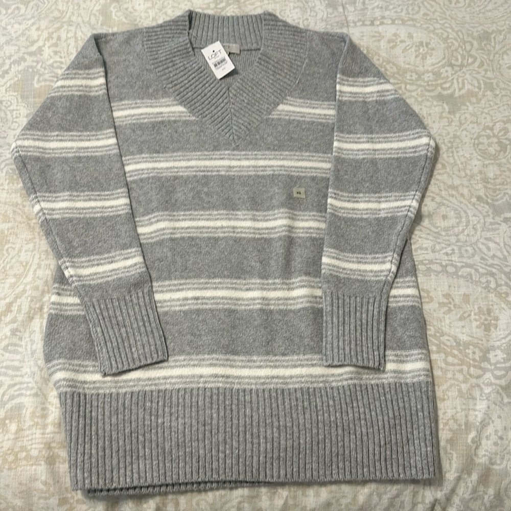 Loft V neck Grey striped sweater